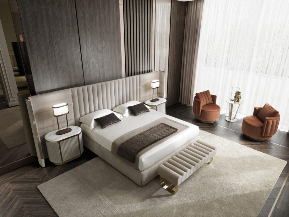 Beverly Maxi bed | DV home. Luxurious bed with a high headboard and elegant design, perfect for creating a sophisticated bedroom.