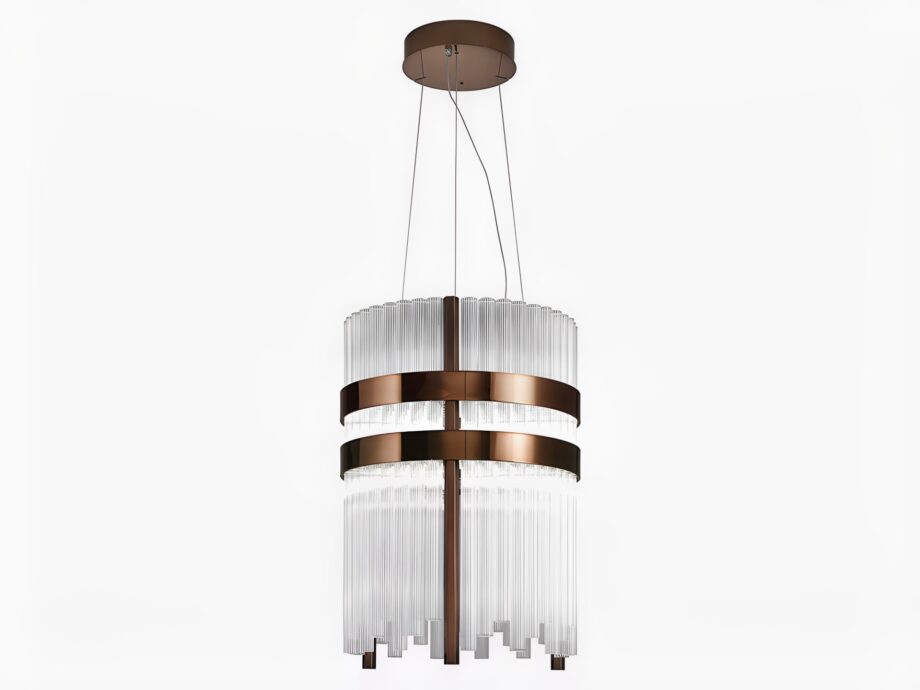 Elite Round chandelier | DV home. An exquisite Art Deco chandelier featuring a round metal frame and transparent cannetè glass cylinders, perfect for luxurious interiors.