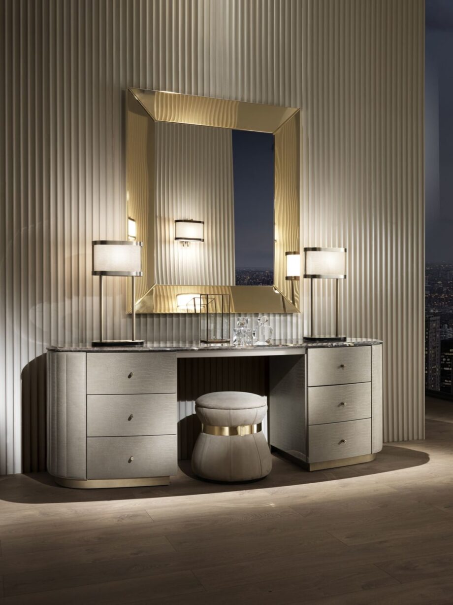 Vogue Dress dressing table | DV home. Exquisite Art Deco dressing table featuring an oval top, drawers, and an integrated mirror.