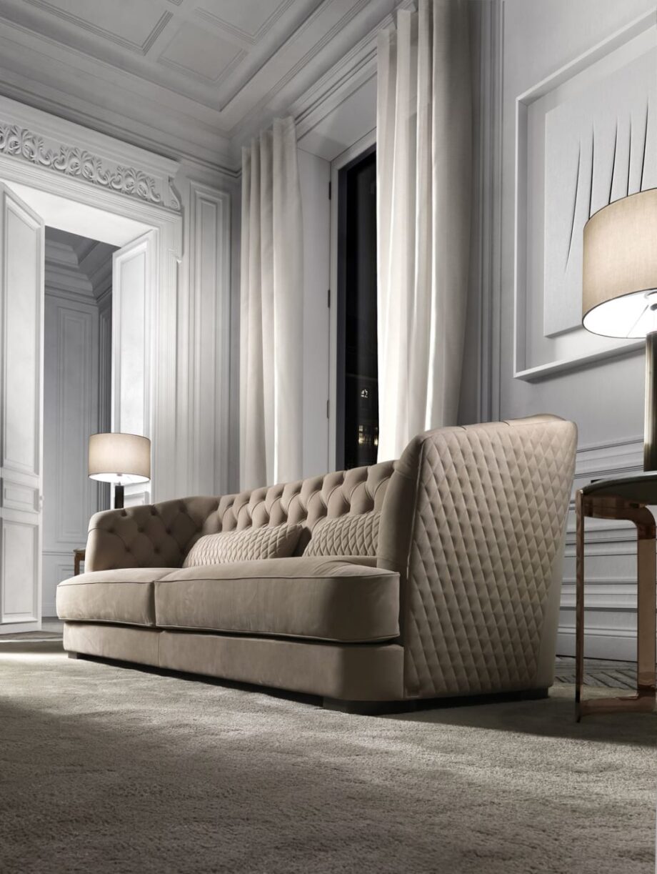 Vogue sofa | DV home. Luxurious tufted sofa with solid wood frame and high-density foam for supreme comfort, customizable in premium fabrics and leathers.