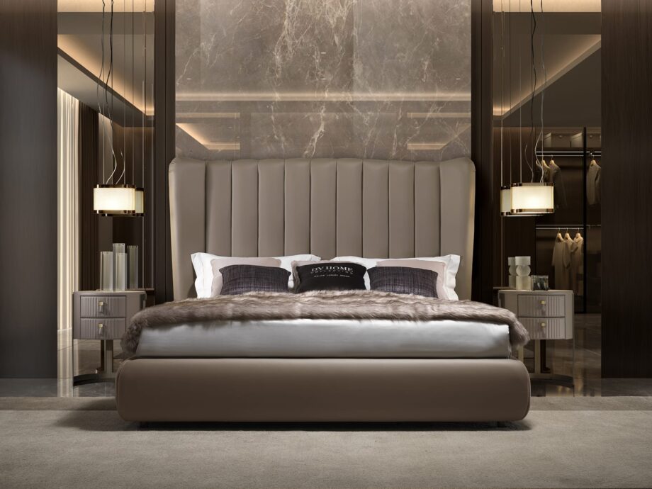 Hermes bed | DV home. Luxurious upholstered bed with a high, vertically tufted headboard, blending Art Deco glamour with contemporary elegance for sophisticated bedrooms.