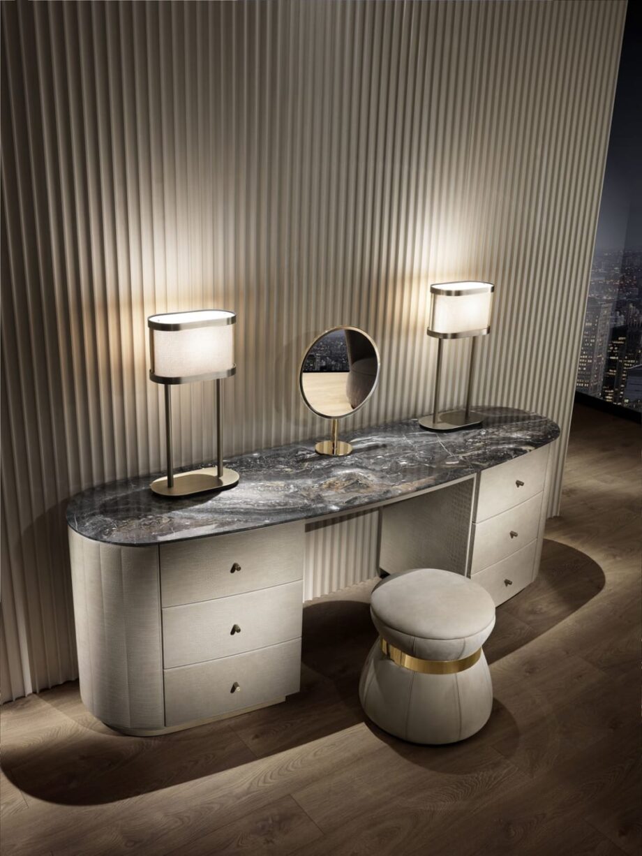 Vogue Dress dressing table | DV home. Exquisite Art Deco dressing table featuring an oval top, drawers, and an integrated mirror.