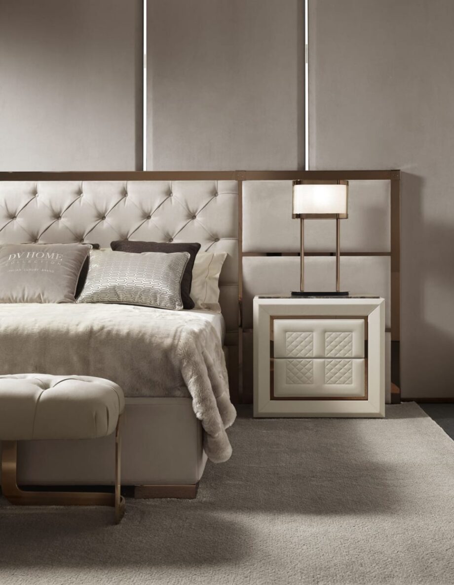 Coco Capitonne indoor benche | DV home. Luxurious tufted bench with elegant steel legs, perfect for upscale interiors and custom projects.
