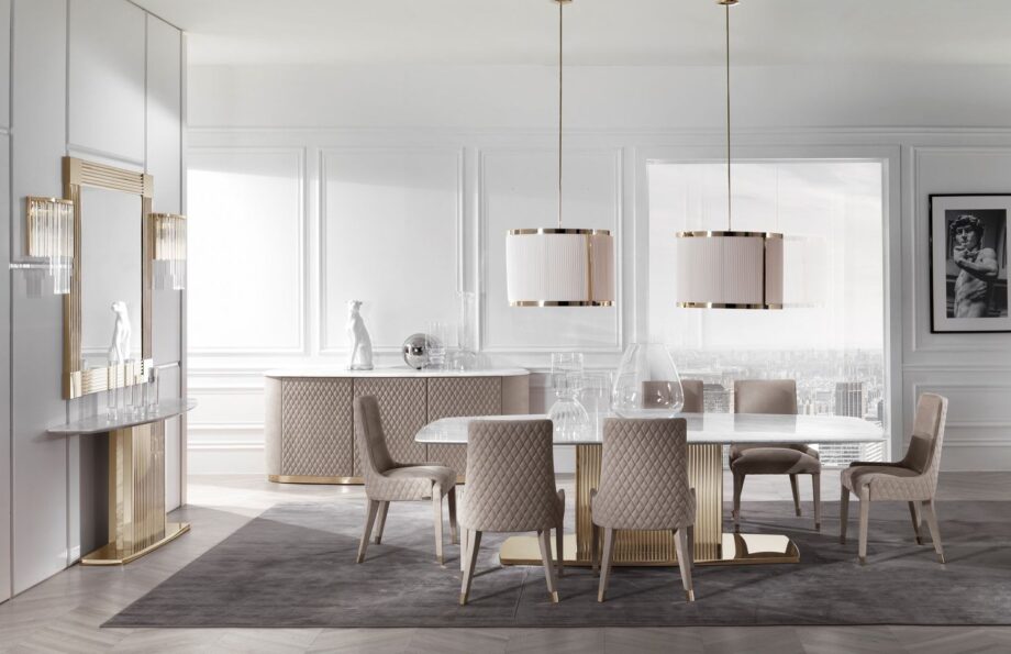 Windsor chandelier | DV home. Exquisite Art Deco chandelier featuring a metal frame and pleated fabric shade, perfect for luxurious interiors.