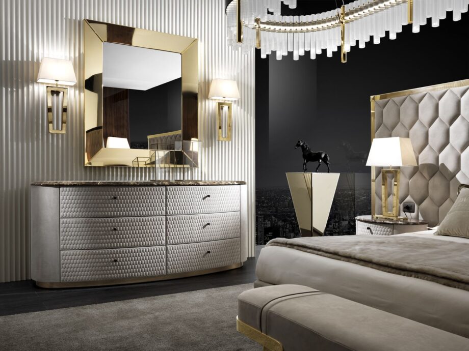 Charlotte chest of drawers | DV home. Luxury Art Deco drawer unit with unique hexagonal drawer fronts, premium leather, marble/walnut top, and stainless steel base.