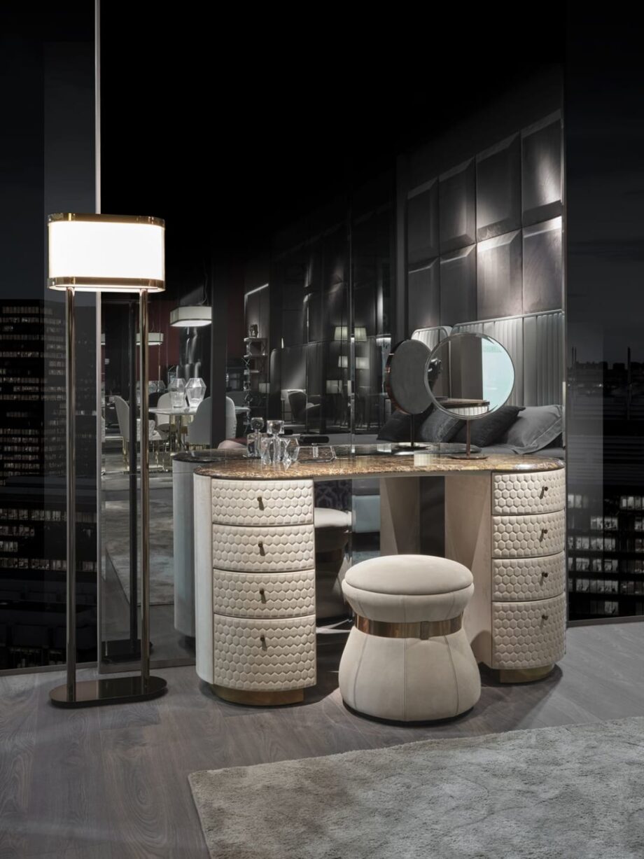 Tiffany dressing table | DV home. Exquisite console-dressing table with luxurious leather upholstery and a marble top, featuring drawers and a mirror.