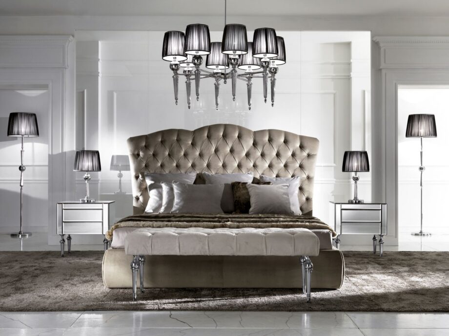Douglas chandelier | DV home. A luxurious Art Deco chandelier crafted from shining brass or chrome, adorned with elegant fabric shades and dazzling crystal accents.