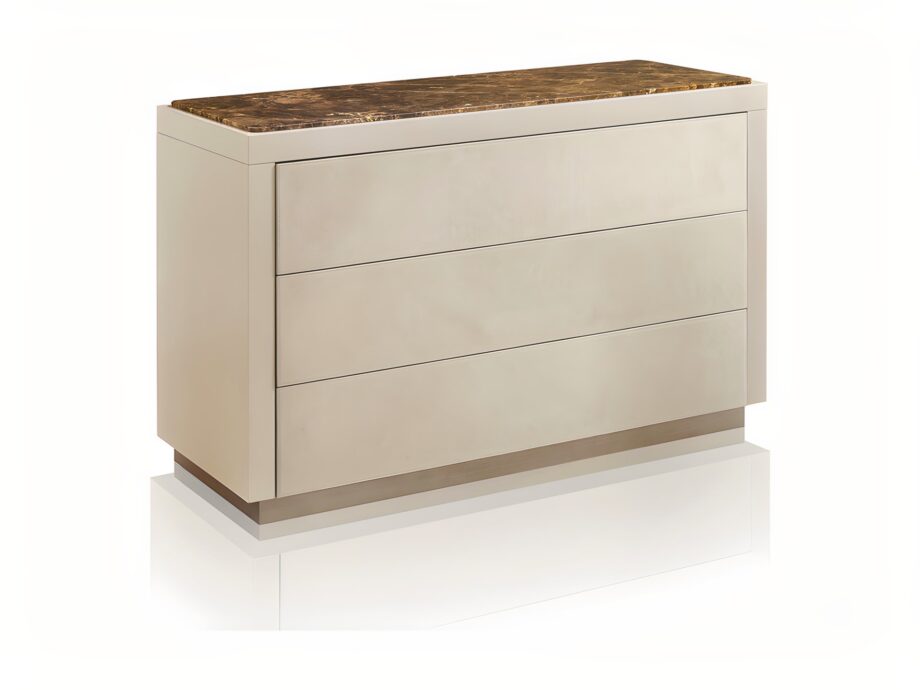 Envy chest of drawers | DV home. Elegant chest of drawers with luxurious finishes: mirror, lacquer, leather, and marble top, on a stylish steel base.