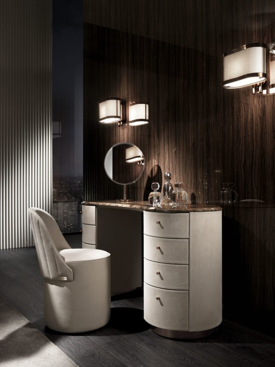 Tiffany dressing table | DV home. Exquisite console-dressing table with luxurious leather upholstery and a marble top, featuring drawers and a mirror.
