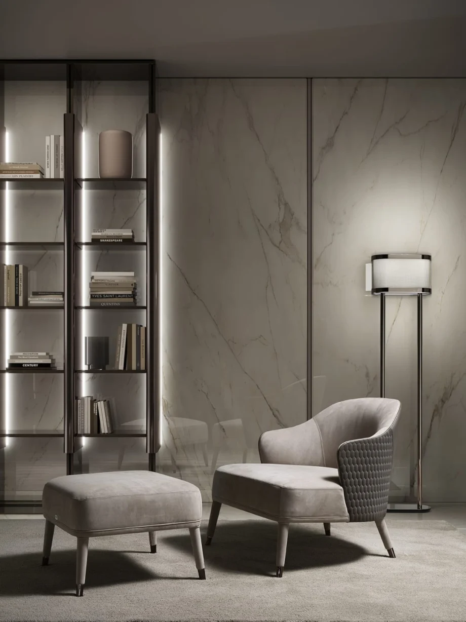 Gordon floor lamp | DV home. Elegant floor lamp with a metal structure and fabric shade, embodying luxurious Art Deco design.