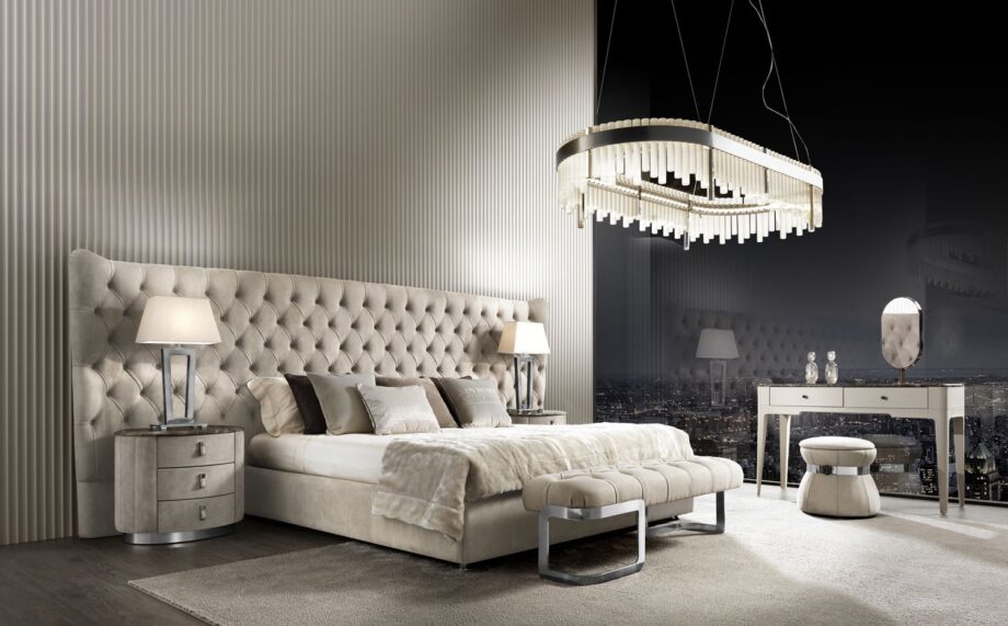 Coco Capitonne indoor benche | DV home. Luxurious tufted bench with elegant steel legs, perfect for upscale interiors and custom projects.
