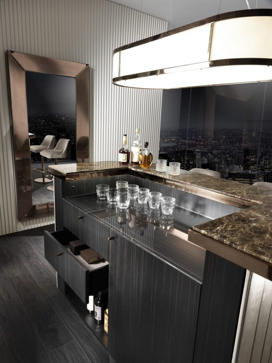 Charlotte bar cabinet | DV home. Elegant bar cabinet crafted from Macassar ebony, marble, and leather with integrated lighting and wine cellar.