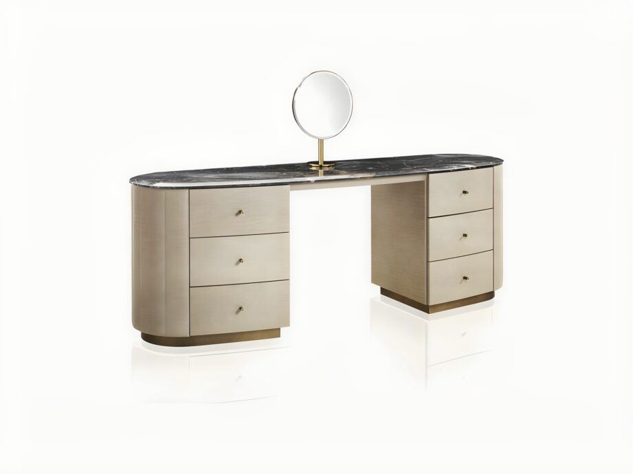 Vogue Dress dressing table | DV home. Exquisite Art Deco dressing table featuring an oval top, drawers, and an integrated mirror.