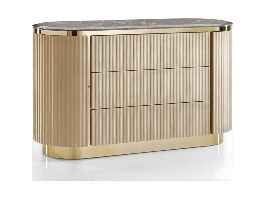 Hollywood Cannetè chest of drawers | DV home. An elegant chest of drawers featuring a unique canneté finish, luxurious marble top, and integrated lighting.