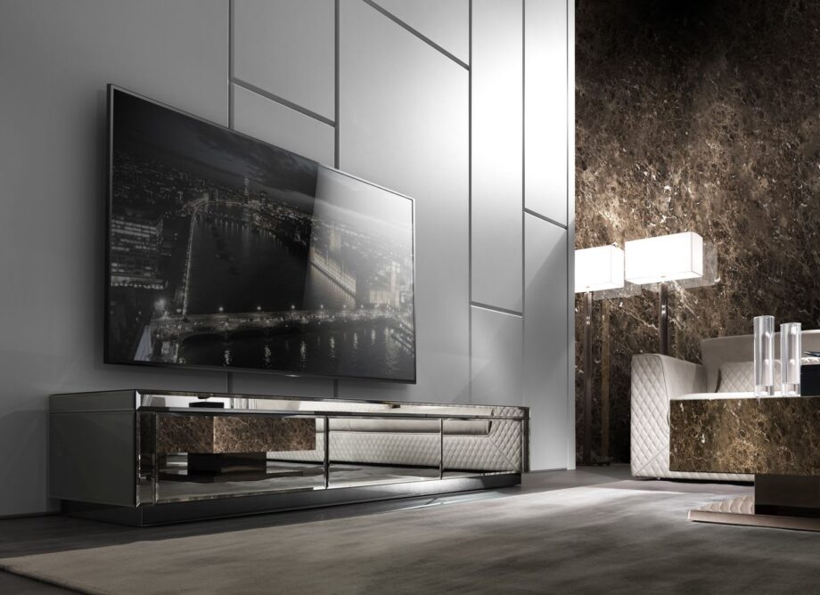 Envy Low tv furniture | DV home. Elegant TV unit with unique finish options including mirror, lacquer, veneer, and marble, featuring convenient drawers.
