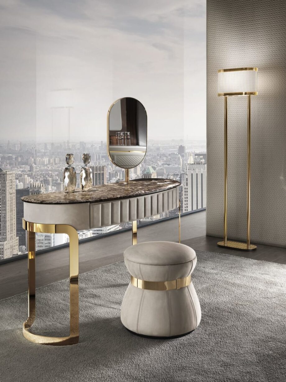 Gordon floor lamp | DV home. Elegant floor lamp with a metal structure and fabric shade, embodying luxurious Art Deco design.