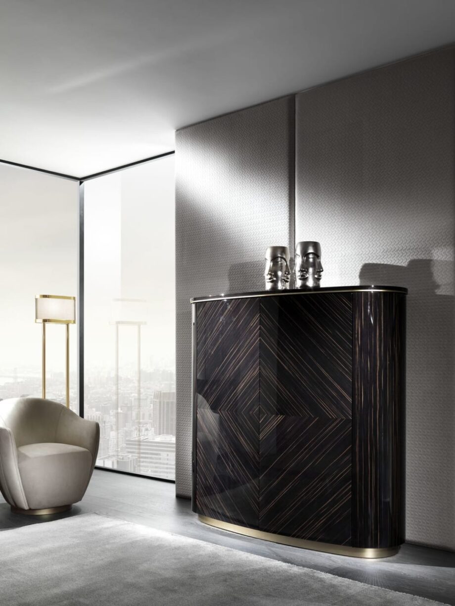 Vogue sideboard | DV home. Exquisite cabinet with geometric pattern, integrated lighting, tempered glass shelves, and luxurious material finishes.