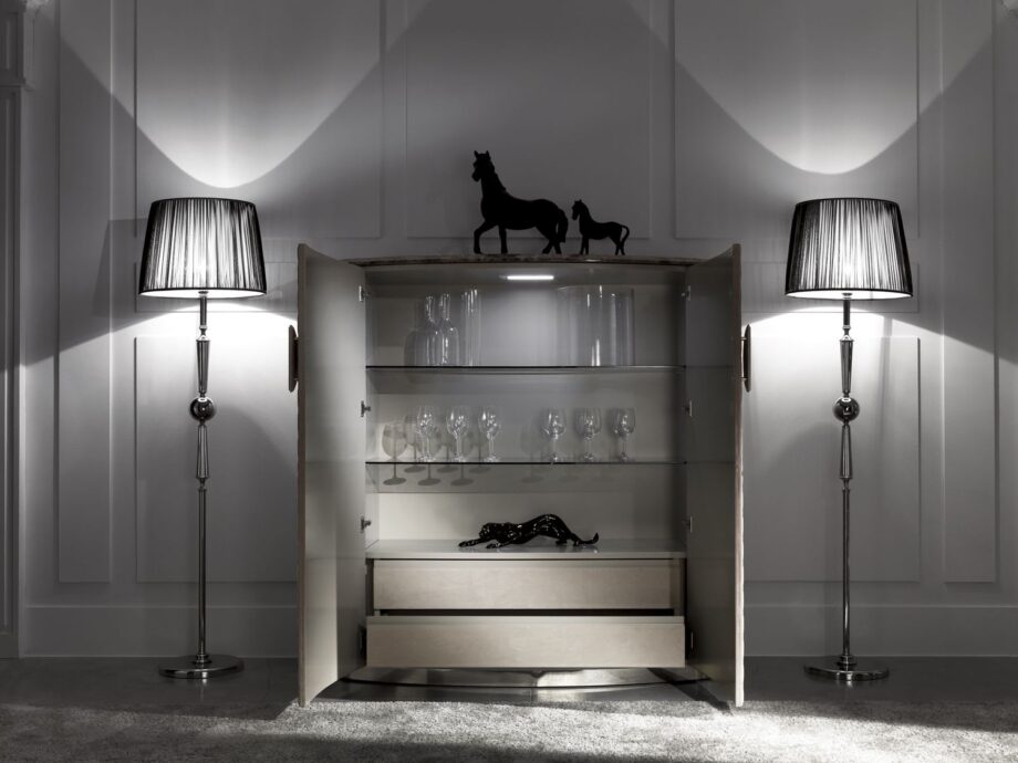 Vogue sideboard | DV home. Exquisite cabinet with geometric pattern, integrated lighting, tempered glass shelves, and luxurious material finishes.