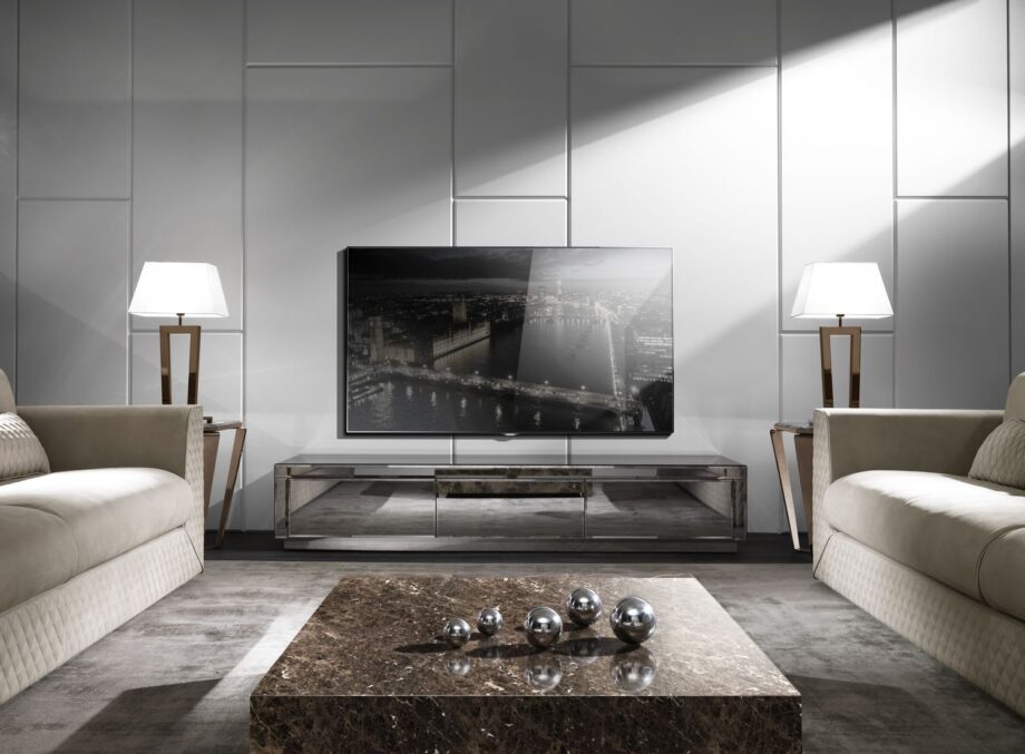 Envy Low tv furniture | DV home. Elegant TV unit with unique finish options including mirror, lacquer, veneer, and marble, featuring convenient drawers.