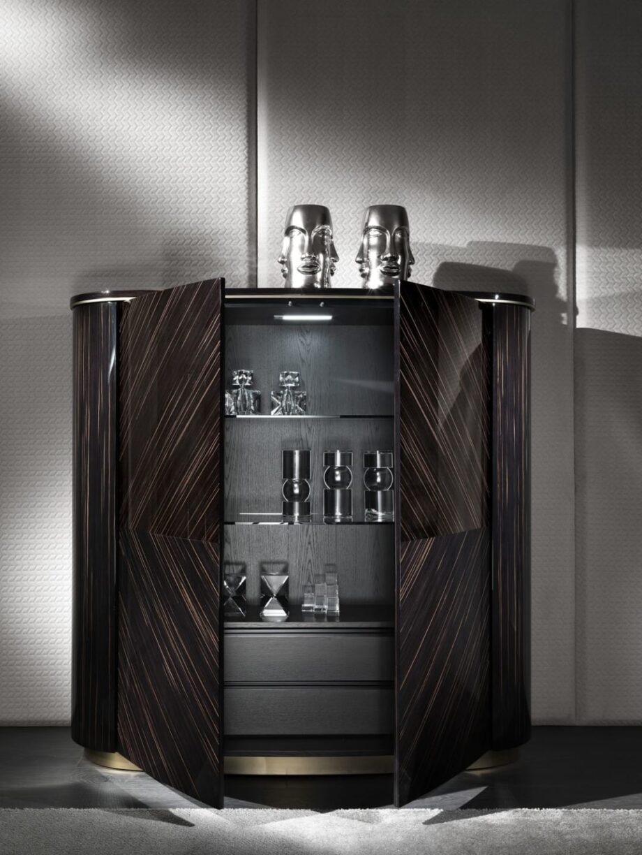Vogue sideboard | DV home. Exquisite cabinet with geometric pattern, integrated lighting, tempered glass shelves, and luxurious material finishes.