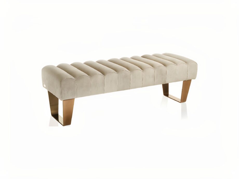 Ritz indoor benche | DV home. Exquisite Art Deco bench with channel tufting and shining chrome feet, available in various upholstery options.