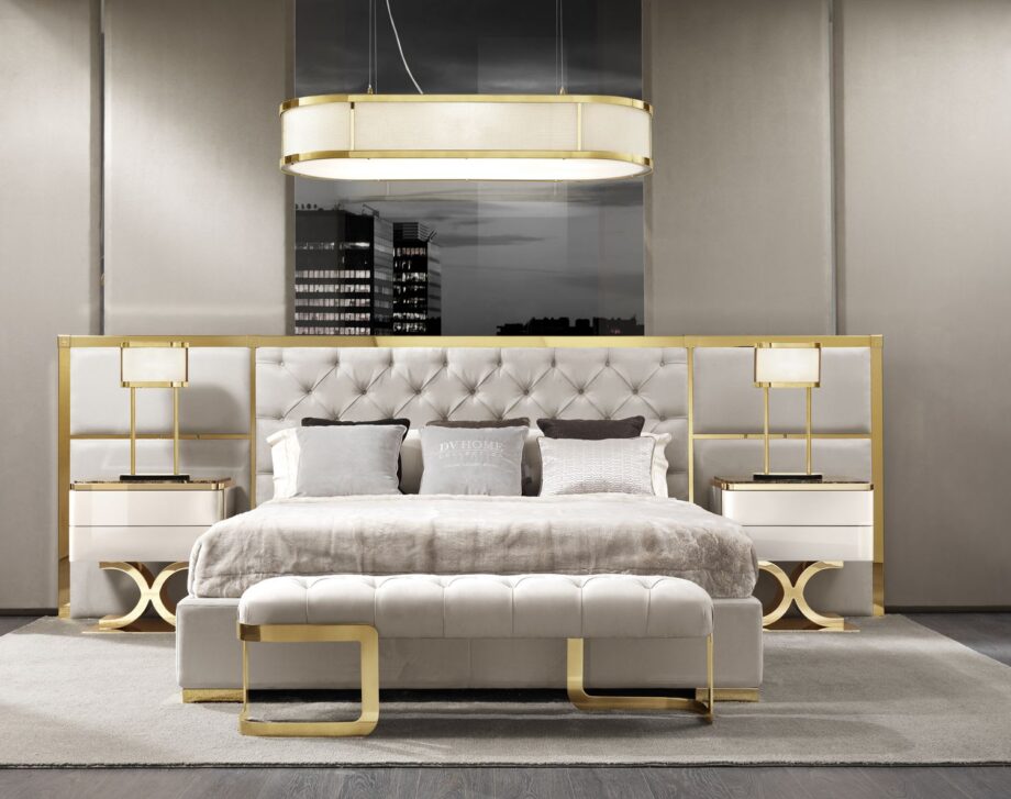 Coco Capitonne indoor benche | DV home. Luxurious tufted bench with elegant steel legs, perfect for upscale interiors and custom projects.