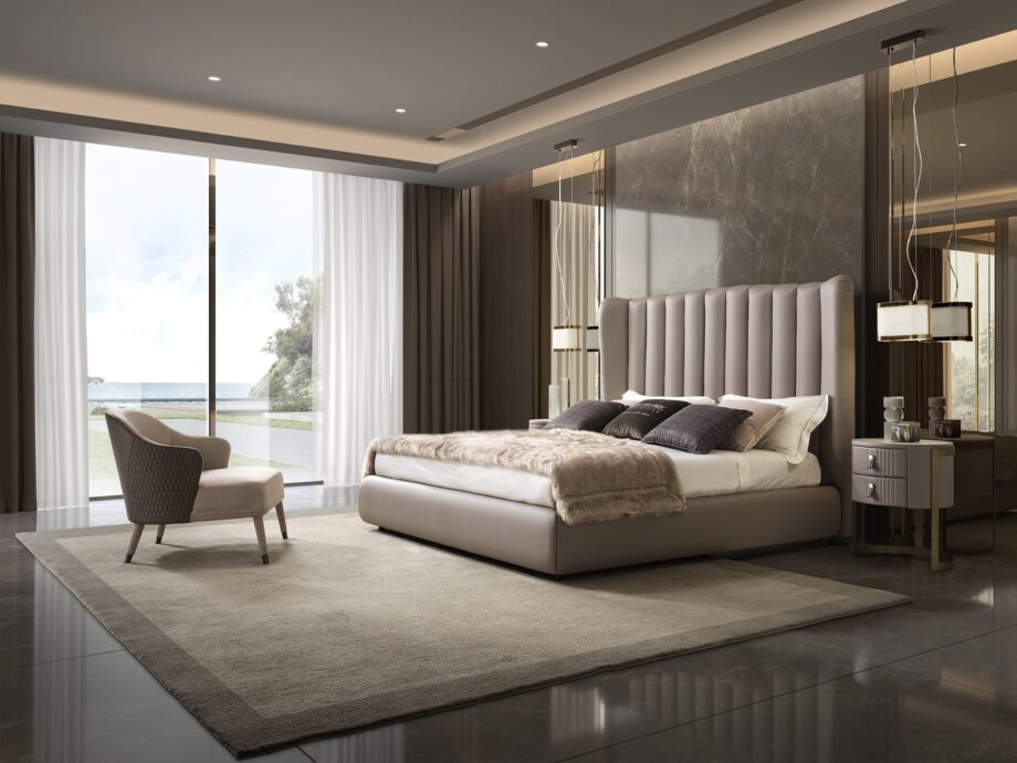 Hermes bed | DV home. Luxurious upholstered bed with a high, vertically tufted headboard, blending Art Deco glamour with contemporary elegance for sophisticated bedrooms.
