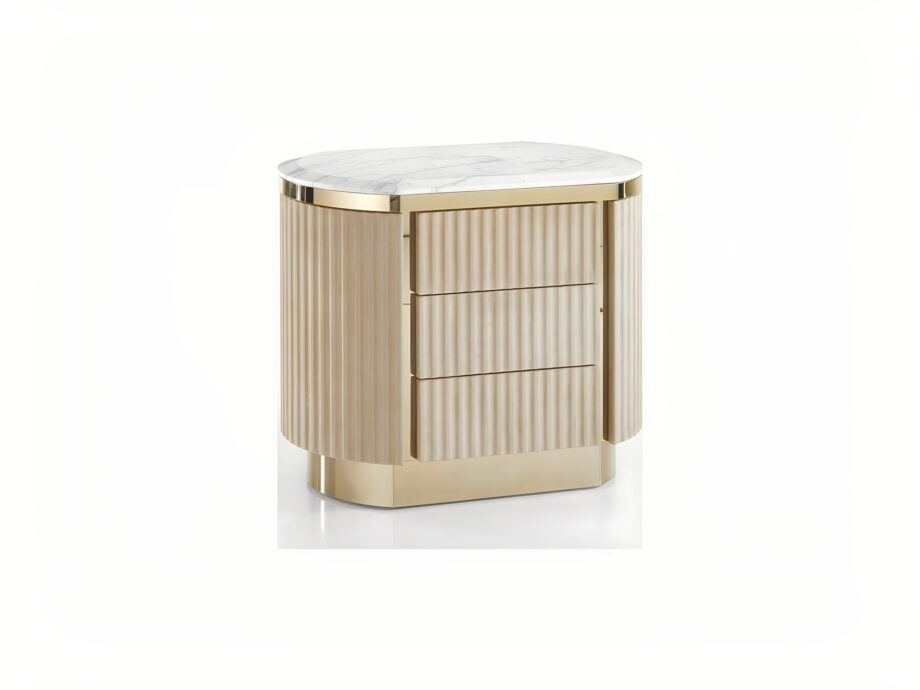 Hollywood Canneté bedside table | DV home. Elegant bedside table with fluted facade, marble top, and integrated lighting.