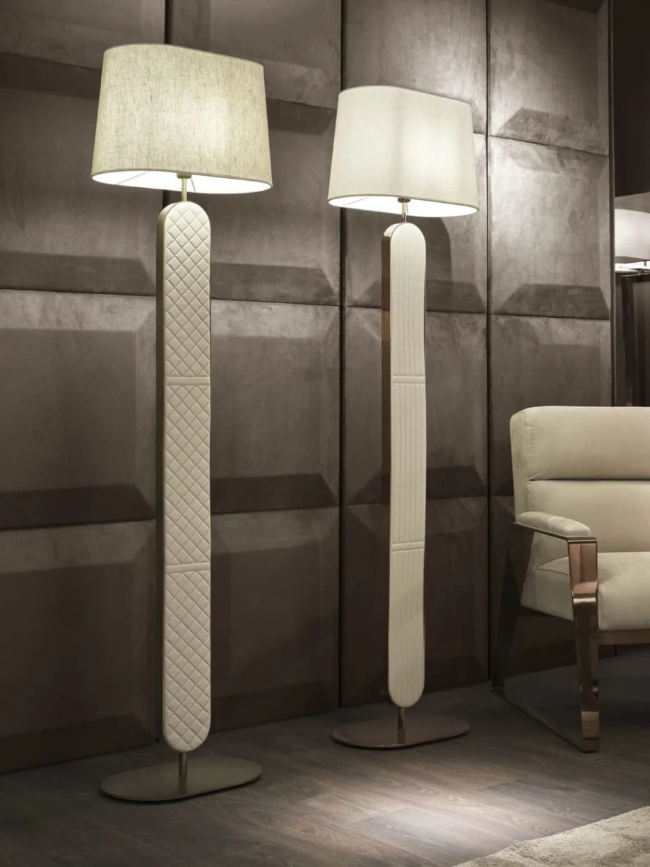 Coco floor lamp | DV home. Elegant Art Deco floor lamp with luxurious metal finishes and unique quilted or cannetè leather panels.