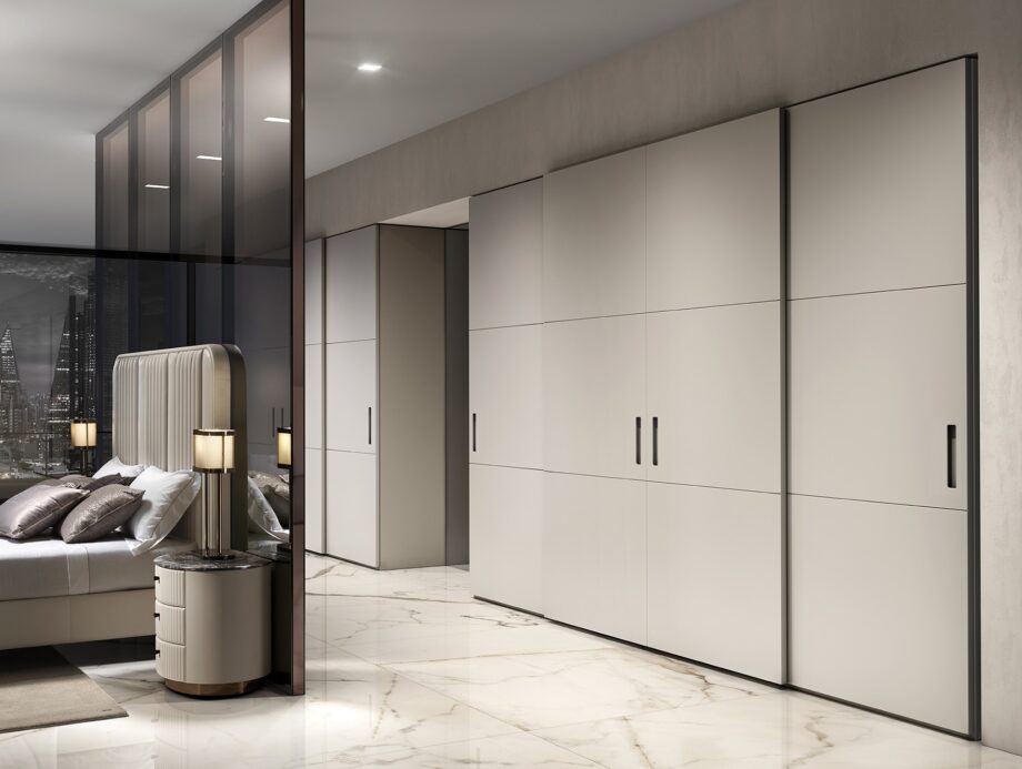 Elite wardrobe | DV home. Custom-made luxury wardrobe with sleek sliding doors and refined material finishes.