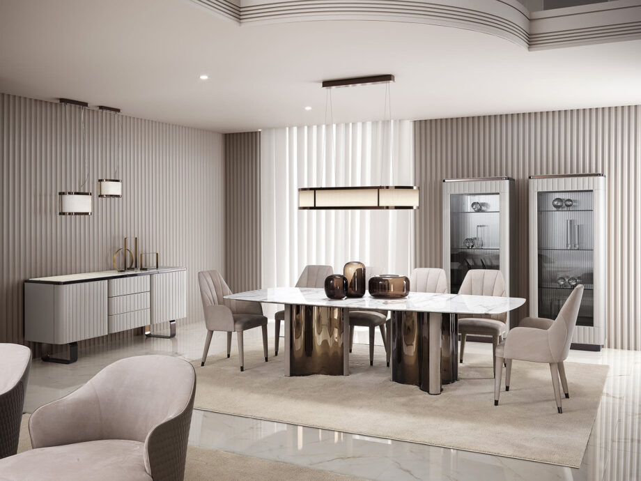 Elite display cabinet | DV home. Exquisite Art Deco display case with luxurious leather or lacquered finish, stainless steel accents, and elegant glass shelves.