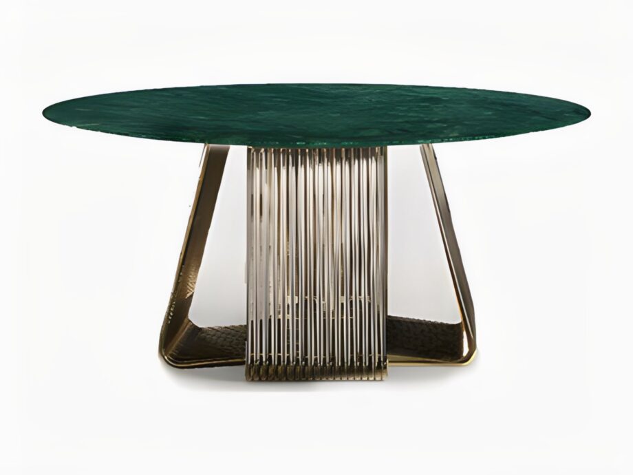Alyson Round table | Rugiano. Elegant round dining table with a distinctive slatted base, perfect for modern interiors.
