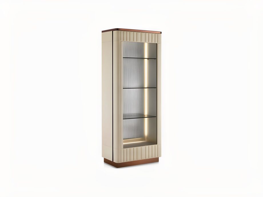 Elite display cabinet | DV home. Exquisite Art Deco display case with luxurious leather or lacquered finish, stainless steel accents, and elegant glass shelves.