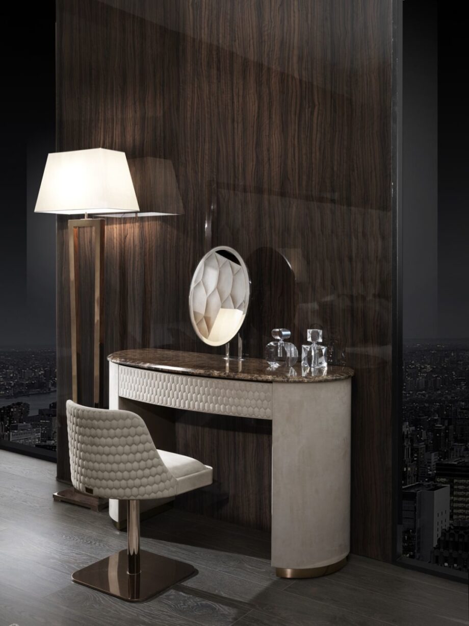 Charlotte console | DV home. Exquisite console with hexagon quilted finish and marble top, perfect for elegant interiors.