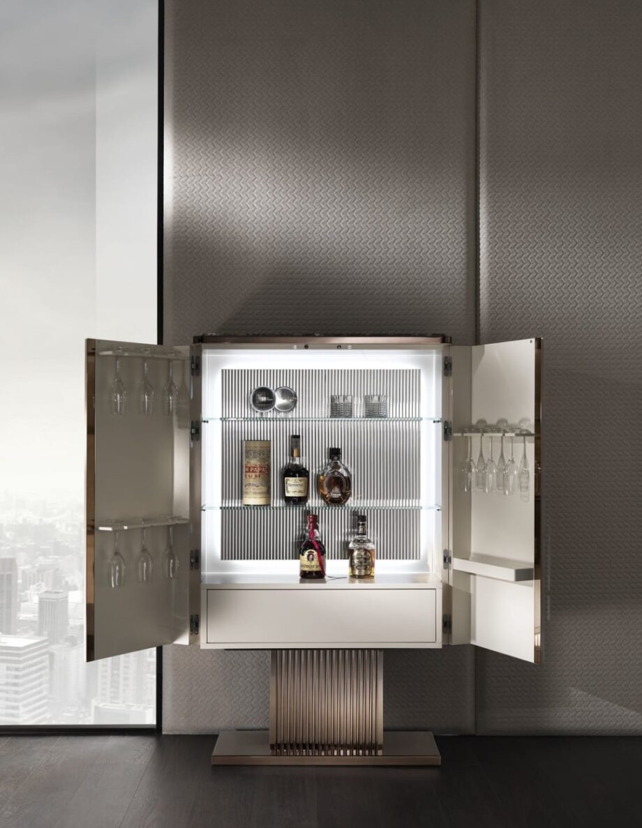 Elite bar cabinet | DV home. Exquisite Art Deco bar cabinet with backlit mirror back, crystal shelves, and luxurious leather upholstery.