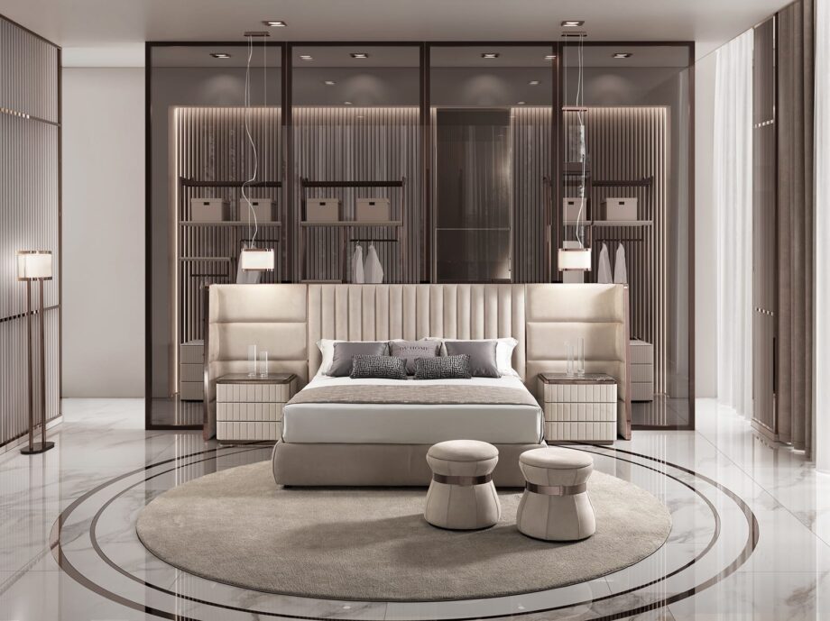 Hollywood closet | DV home. A luxurious walk-in closet with a metal frame, leather elements, and a marble top, embodying sophistication and functionality.