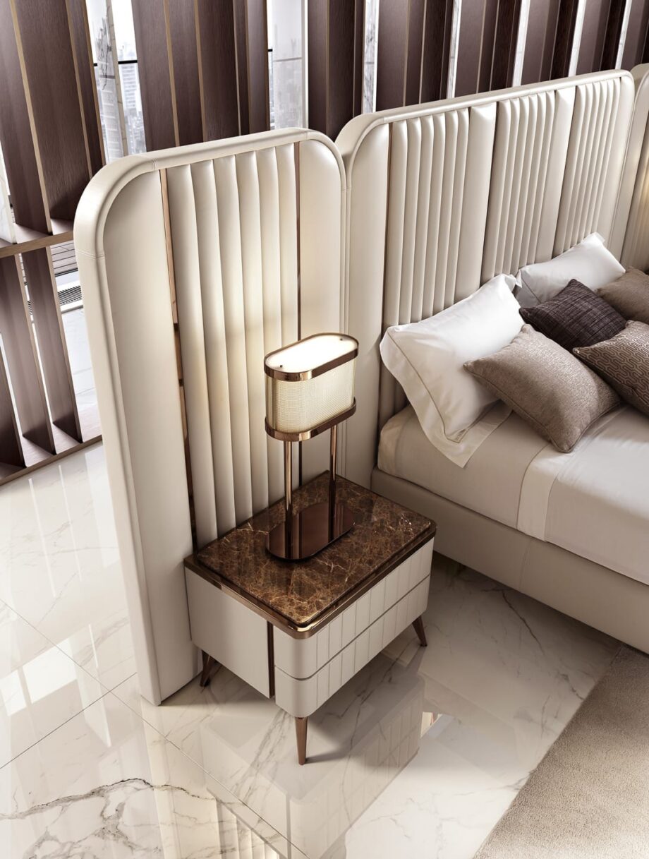 Hollywood Maxi bed | DV home. An opulent Italian luxury bed featuring a striking high upholstered headboard with elegant vertical inserts, perfect for sophisticated bedrooms.