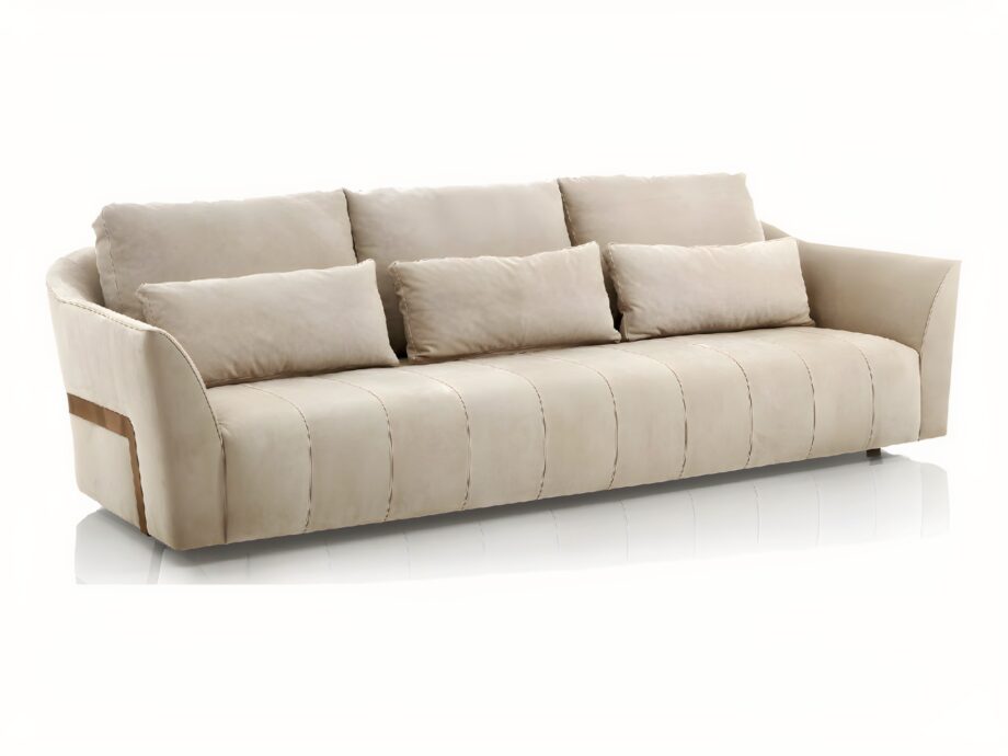 Ritz sofa | DV home. Luxurious custom upholstered sofa with elegant steel frame and plush goose feather cushions, epitomizing Art Deco sophistication.