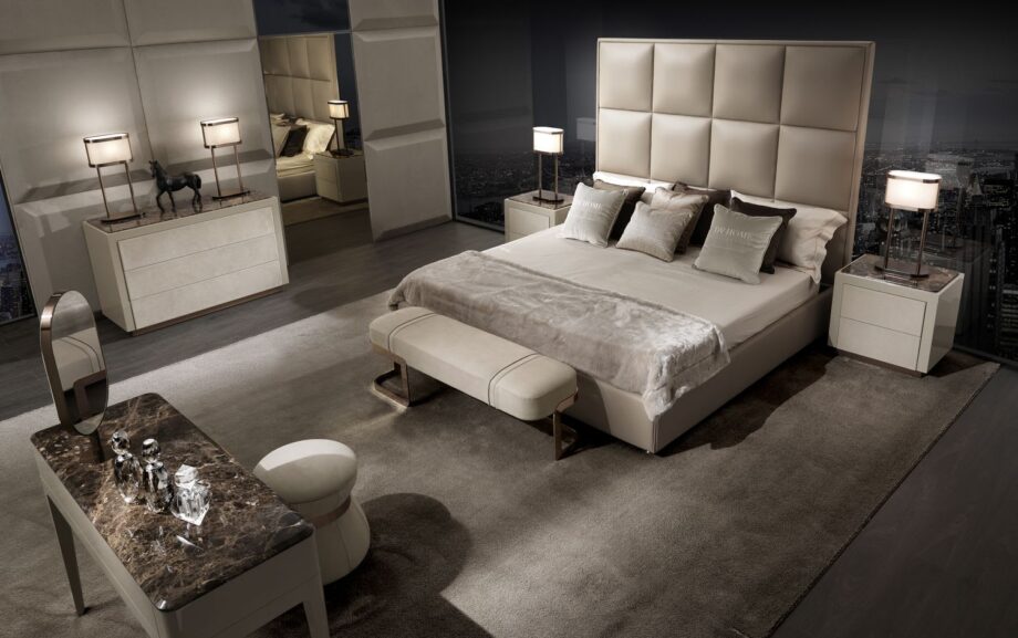 Duke bed | DV home. Exquisite bed with a high tufted headboard, a symbol of comfort and refined luxury in the bedroom.