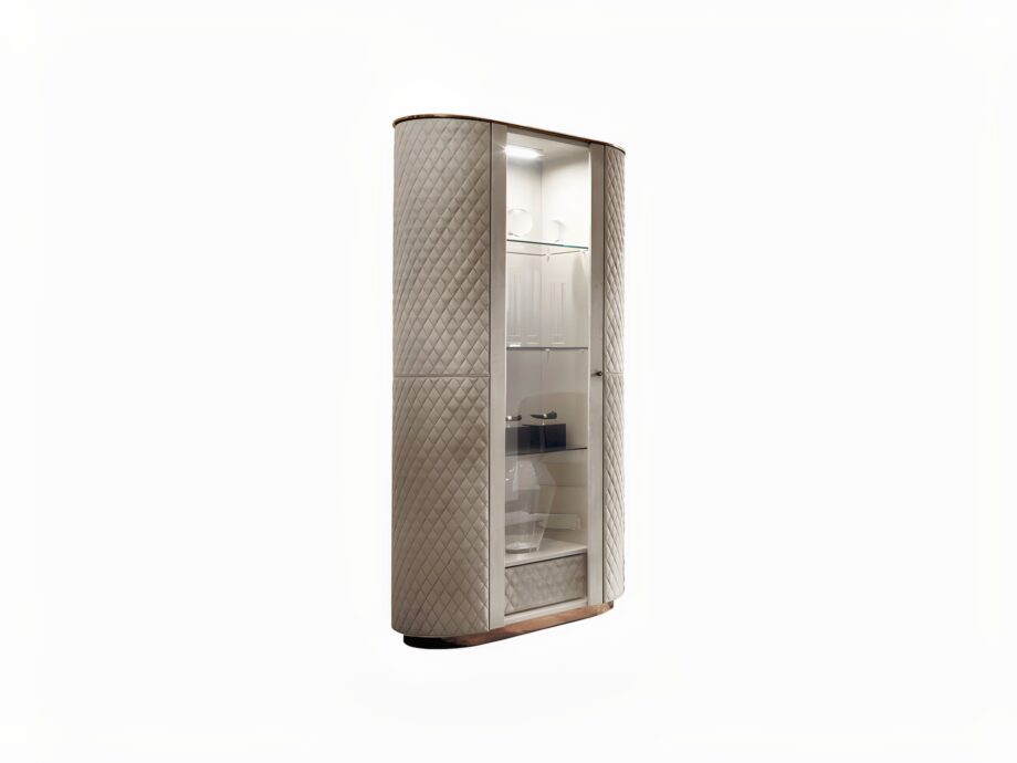 Charlotte display cabinet | DV home. Elegant display case with quilted sides, crystal shelves, integrated lighting, and soft-close drawer.