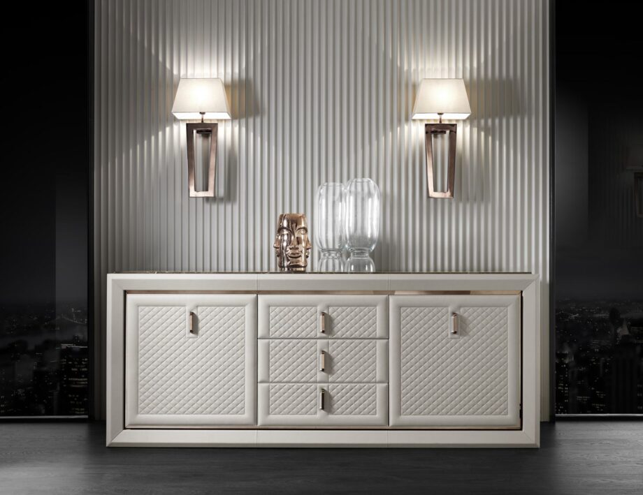 Adler Square display cabinet | DV home. Elegant buffet with marble top, quilted fronts, and metal inserts.