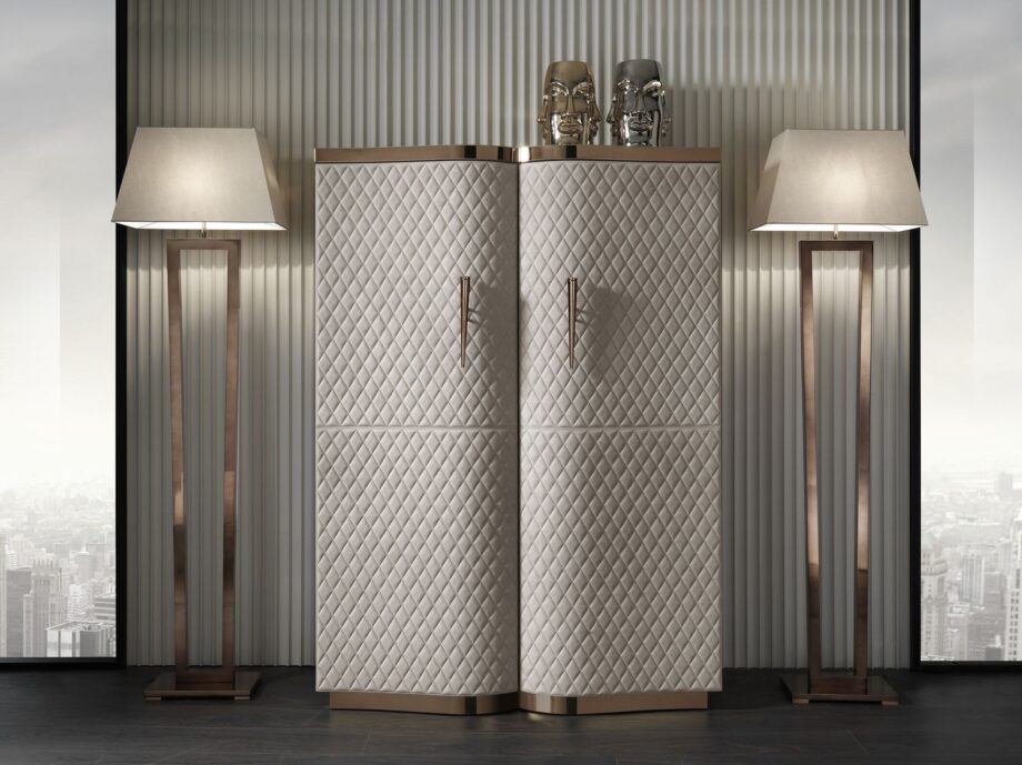 Ritz floor lamp | DV home. An exquisite Art Deco floor lamp with a sleek metal structure and elegant fabric shade, perfect for luxurious interiors.