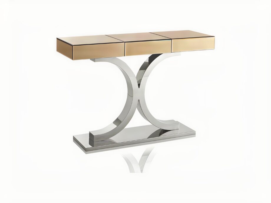 Kent Plus console | DV home. Luxurious Art Deco console with soft-close drawer, mirrored or wood top, and customizable stainless steel base.