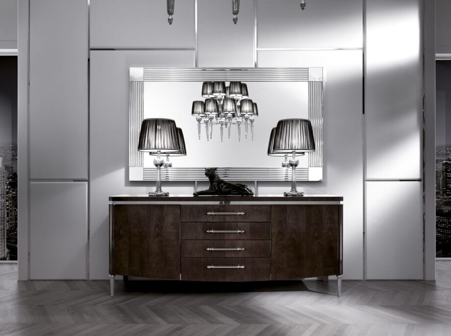 Windsor mirror | DV home. Exquisite Art Deco mirror with a polished stainless steel frame and bevelled glass, handmade for luxury interiors.