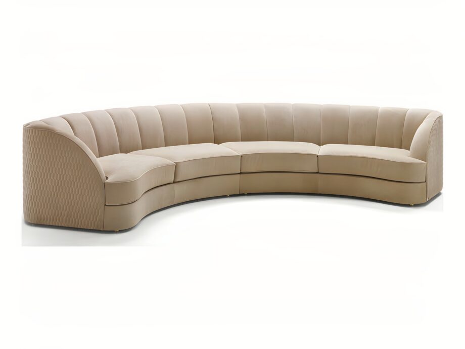 Charlotte Moon sofa | DV home. Exquisite curved Art Deco sofa with luxurious upholstery, emphasizing status and taste.