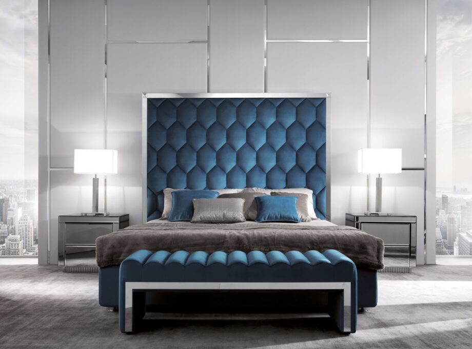 Envy indoor benche | DV home. Luxurious upholstered bench with chrome details and integrated storage.