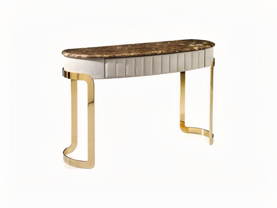Coco console | DV home. Exquisite Coco console: blending luxurious marble, gleaming metal, and premium leather, perfect for elegant interiors.