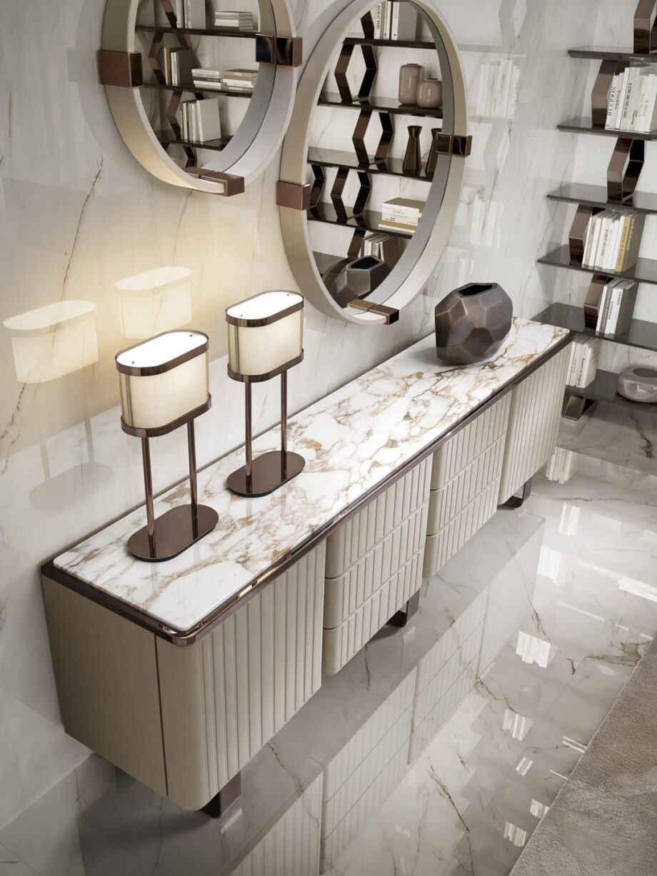 Elite sideboard | DV home. A luxurious Art Deco sideboard featuring exquisite leather or lacquered fronts, a marble or Canaletto walnut top, and polished steel details.