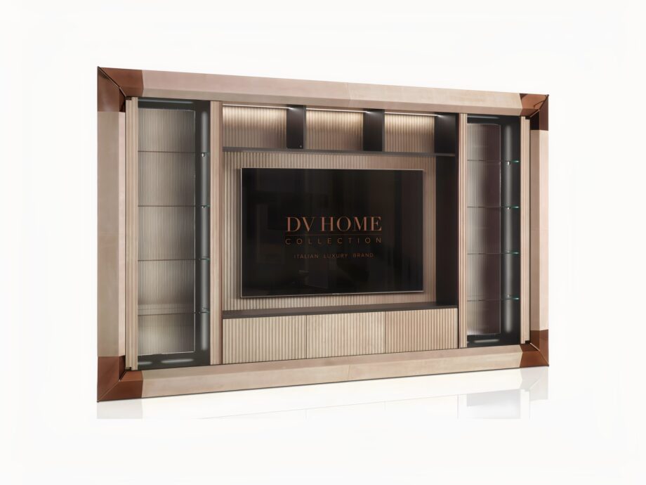 Manhattan display cabinet | DV home. Luxurious Italian TV unit blending Art Deco and contemporary style with Macassar Ebony veneer, leather, tempered glass, and integrated LED lighting.
