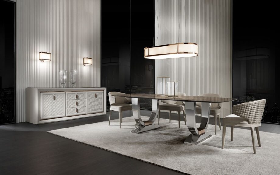 Adler Square display cabinet | DV home. Elegant buffet with marble top, quilted fronts, and metal inserts.